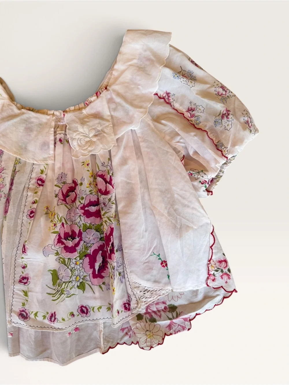 Anthropologie White Floral Puff Sleeve Blouse with Pink & Green Accents